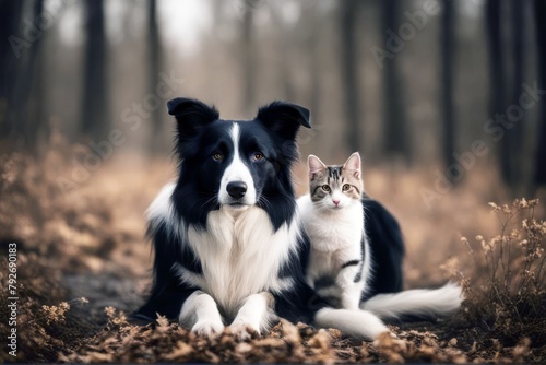 'border dog behind cat portrait hiding collie friends head shot humor mammal peeking pet signs together togetherness friendship eye canino animal purebred indoor looking isolated face happy funny'