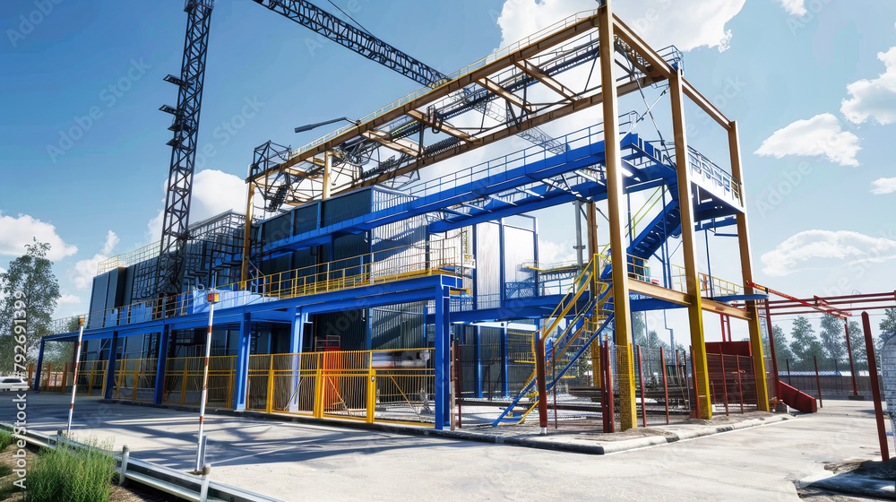 A large, striking blue and yellow structure dominates a road, showcasing its impressive size and bold colors A large, striking blue and yellow structure dominates a road, showcasing its impressive size and bold colors
