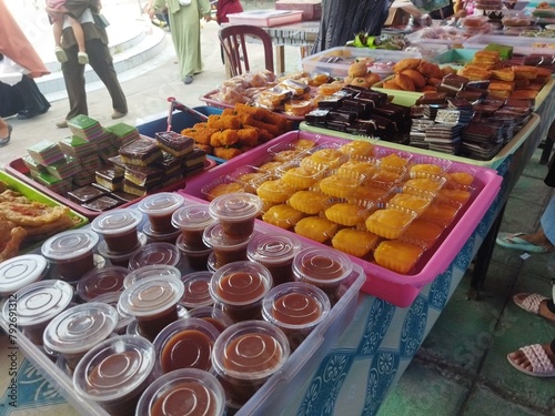 Various kinds of cakes at the traditional market.