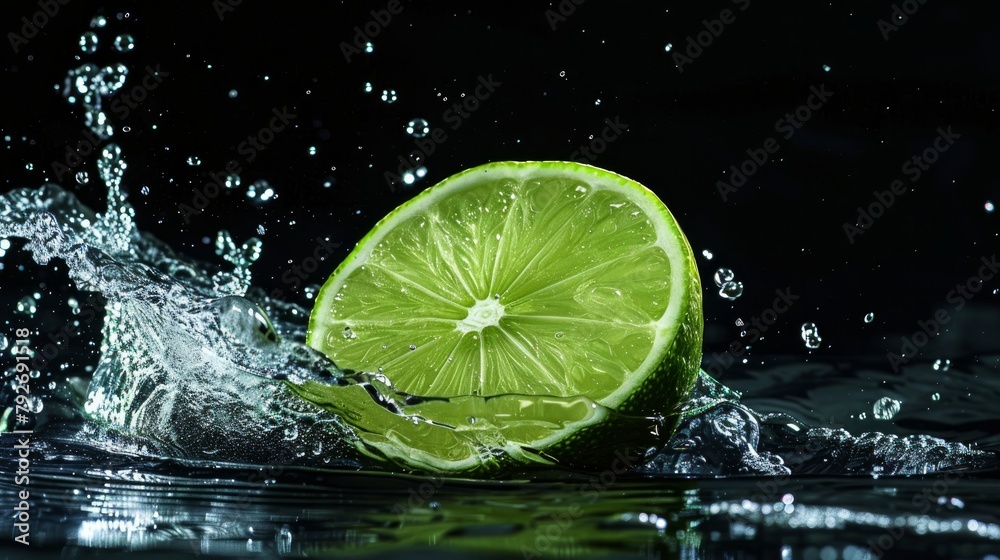 A slice of lime falls into the water on a black background. Sour fruit. Citrus fruit A slice of lime falls into the water on a black background. Sour fruit. Citrus fruit