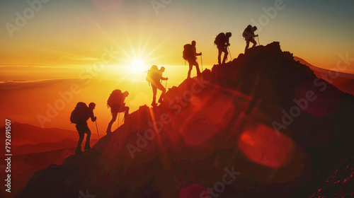 A group of hikers trekking up a mountain at sunset  silhouetted against the golden sky with the sun setting in the background