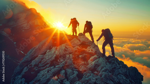 A group of adventurers triumphantly stand at the summit of a majestic mountain, gazing out at the breathtaking view below