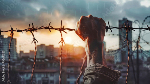 A man stands defiantly behind a barbed wire fence during a public protest