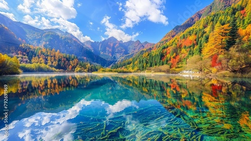 Amazing view of the Panda Lake among colorful fall forest at the Rize Valley in Jiuzhaigou nature reserve (Jiuzhai Valley National Park), China. Scenic wooded mountains and blue sky reflected in water photo