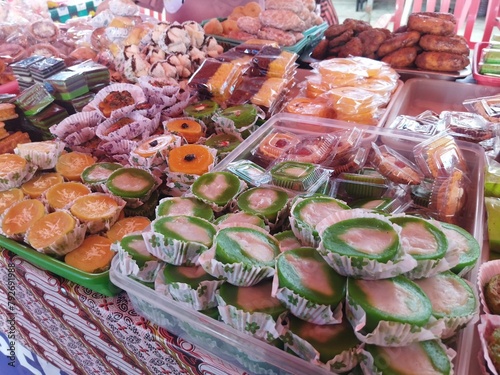 Various kinds of cakes at the traditional market.