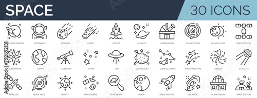 Set of 30 outline icons related to space and astronomy. Linear icon collection. Editable stroke. Vector illustration