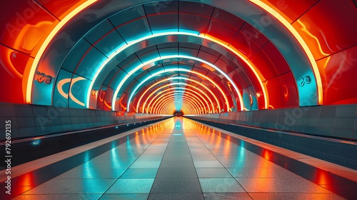 Futuristic Neon-Lit Tunnel Walkway,A striking perspective of a futuristic tunnel, illuminated by neon lights in a symphony of red and blue, creating a mesmerizing pathway that draws the eye forward.