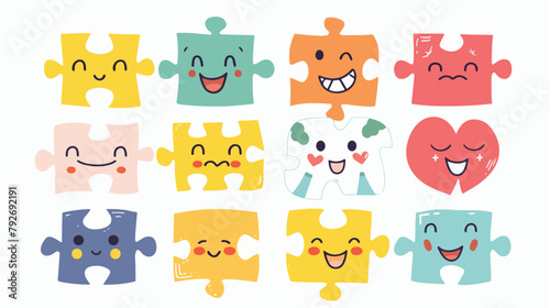 Fototapeta Naklejka Na Ścianę i Meble -  Cute faces emotions puzzle pieces characters. Funny 