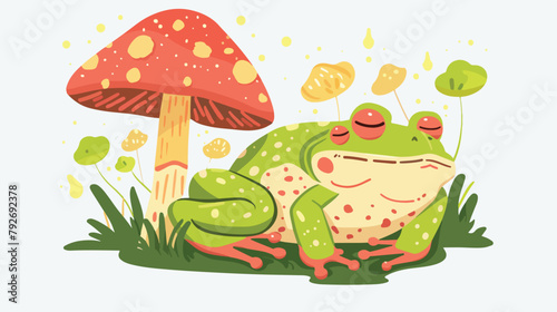 Cute frog sleeping under mushroom. Funny sleepy frogg