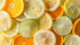 Citrus fruits slices pattern texture background, lime, lemon and oranges flat lay