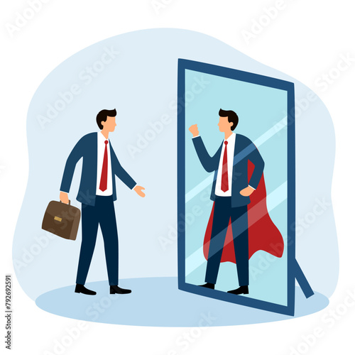 Businessman looking at his strong ideal self superhero reflection mirror. Self confidence, positive attitude to success, determination to achieve goals.