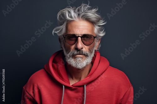Portrait of a stylish middle-aged man with a beard, wearing sunglasses and a red hoodie