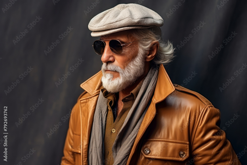 Fashionable elderly gentleman with a beard wearing sunglasses and a leather jacket Fashionable elderly gentleman with a beard wearing sunglasses and a leather jacket