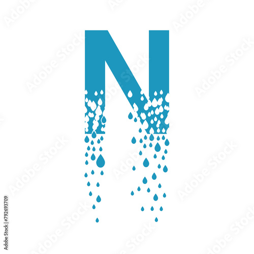 The letter N dissolves into droplets. Drops of liquid fall out as precipitation. Destruction effect. Dispersion