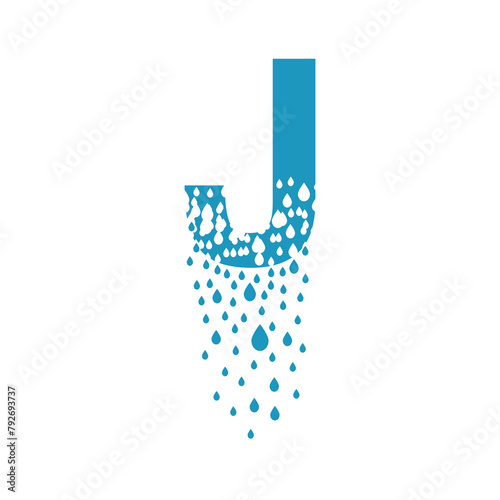 The letter J dissolves into droplets. Drops of liquid fall out as precipitation. Destruction effect. Dispersion