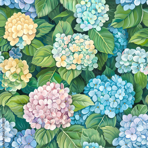 Seamless pattern Hydrangea Harmony: Use acrylics to paint abundant hydrangeas, capturing their clusters of blossoms and soothing presence in a captivating pattern.