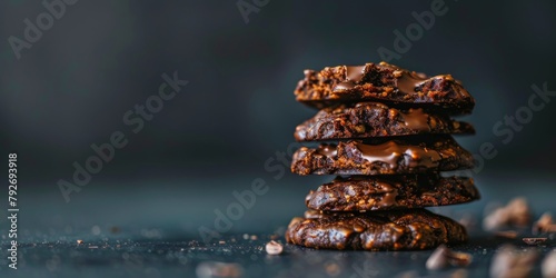 Delicious homemade chocolate cookies with sea salt stacked on a dark surface. photo