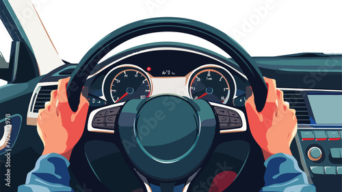Woman hands of a driver on steering wheel of a car. Vector photo