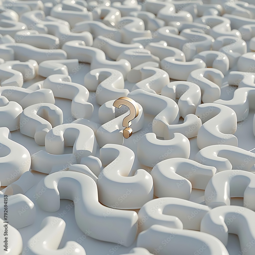 Obraz premium a sea of 3D white question marks with a single, prominently placed, golden question mark standing out in the center