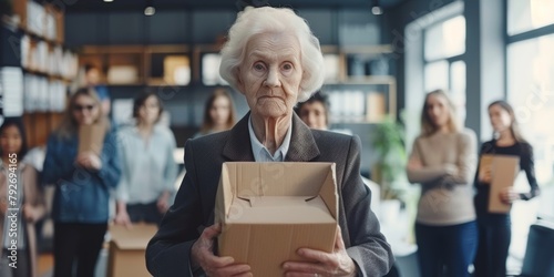 Senior female employee carrying a cardboard box, leaving the office with people in background.