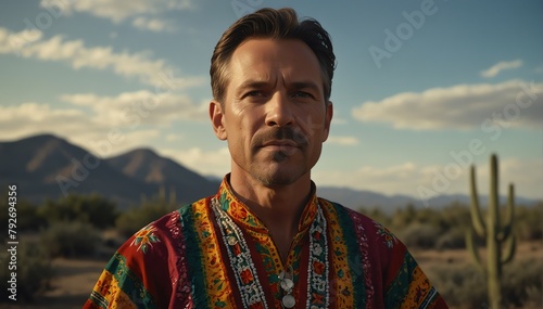 handsome caucasian middleaged man wearing traditional mexican clothing huipil from Generative AI