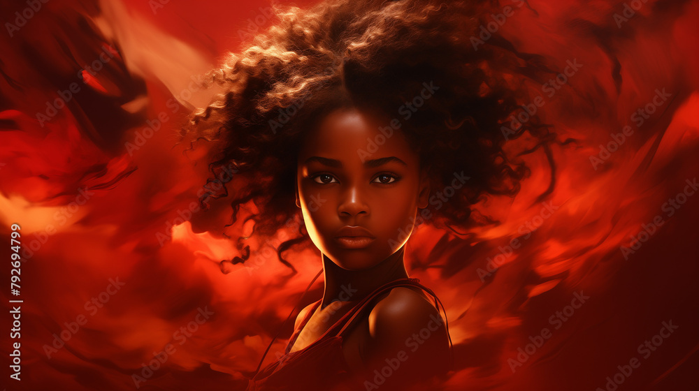 African american Girl with curly hair standing against a vibrant red backdrop