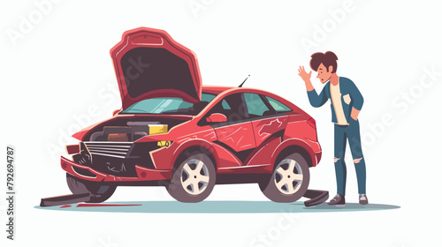 Damaged CUV car with an open hood and a young man. vector © Tech