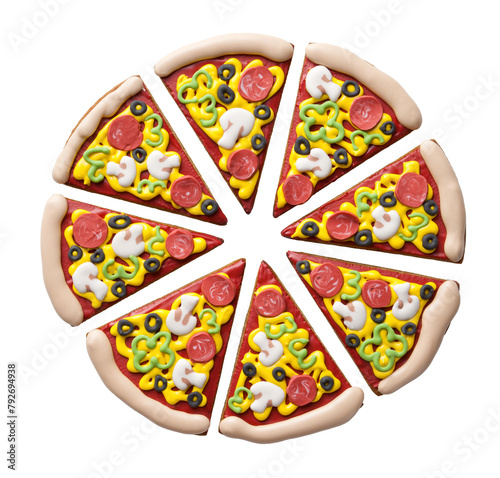 Playful gingerbread slices, adorned with royal icing, resembling pizza pieces, arranged in a circular pattern on a white background, real photo, transparent PNG