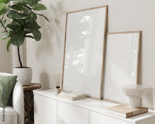 Two frame mockup, Home interior background, Room in beige pastel colors, 3d render © J.Zhuk