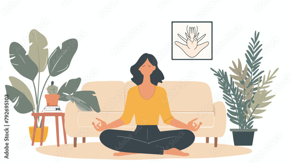 Woman meditating. Living room. Woman in yoga pose lot