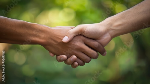 Two colleague shaking hand after accepting agreement business concept with green environment outdoor background © Khoirul