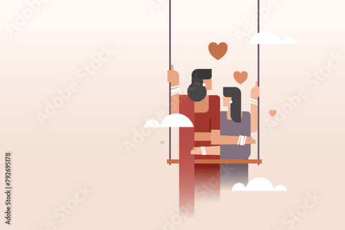 A loving mother and daughter sitting in a swing against a sky background. Concept for Mother's Day