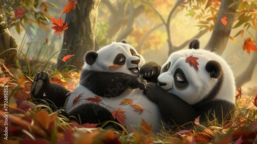 Giant pandas, bear pandas, two babies playing together outdoors photo