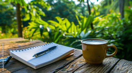 A tranquil outdoor writing scene with a steaming coffee cup and an open notebook on a wooden table. photo