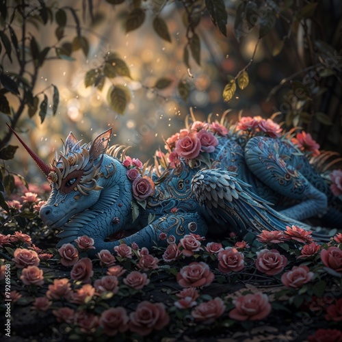 A young blue dragon is resting in a nest of roses within a serene landscape.