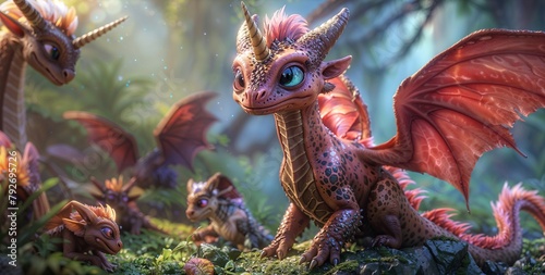 Family of cute fantasy dragons in the forest.