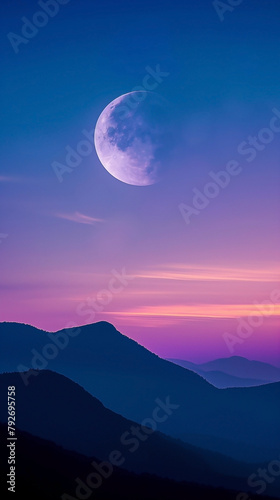 The crescent and beautiful moon rise at sunset background. Night sky landscape and moon, stars