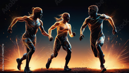 Three runners in motion, their bodies illuminated with vibrant streaks of light against a dynamic, energetic backdrop, Generative AI.