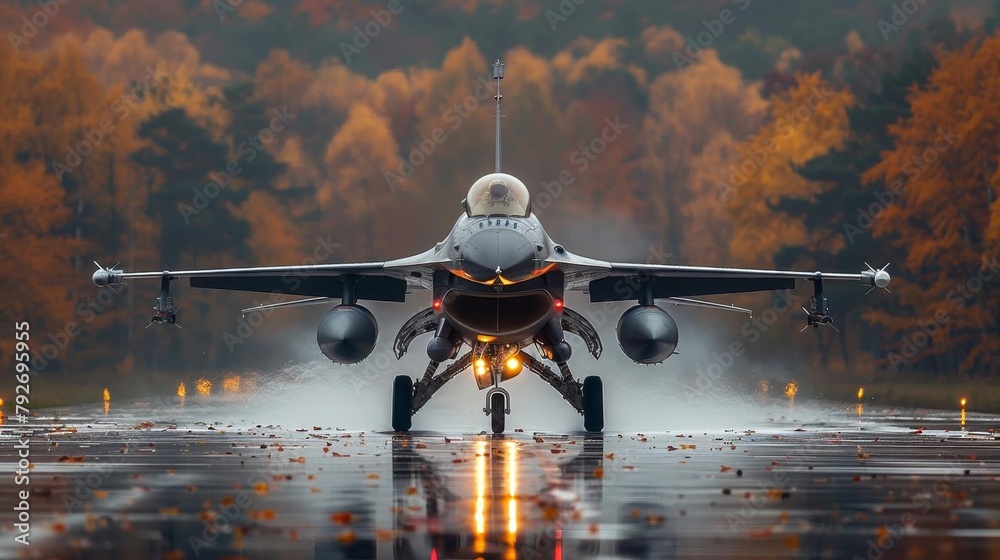 A fighter jet is taking off from a runway. - obrazy, fototapety, plakaty 