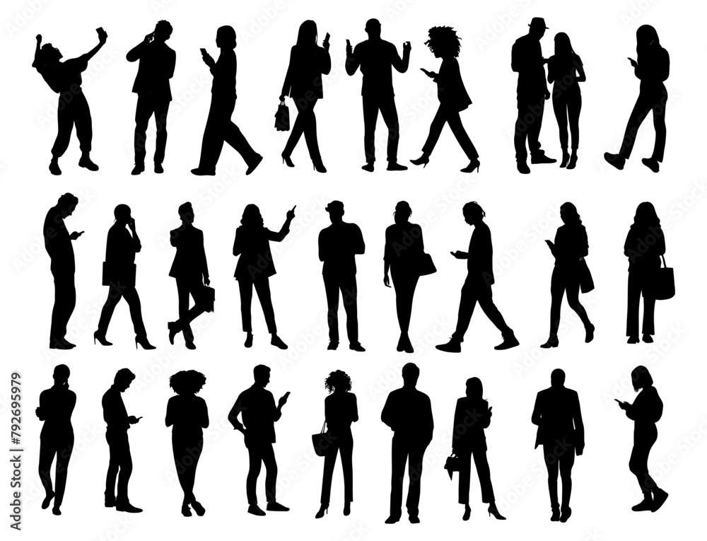 Silhouettes of different people using gadgets. Business men, women holding smartphones, texting, talking, watching news. Group of male, female Vector black icons isolated on transparent background.