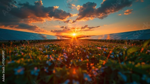 A field of solar panels with flowers in the foreground and a sunset in the background. photo