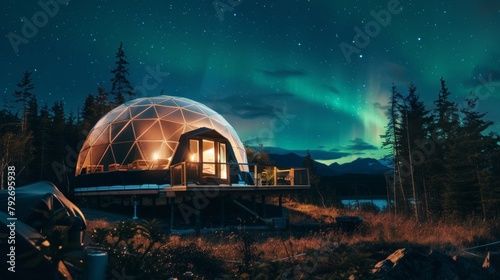 Gaze up at the starry night sky from the comfort of your private dome as the dancing lights of the aurora borealis put on a show just for you. 2d flat cartoon.