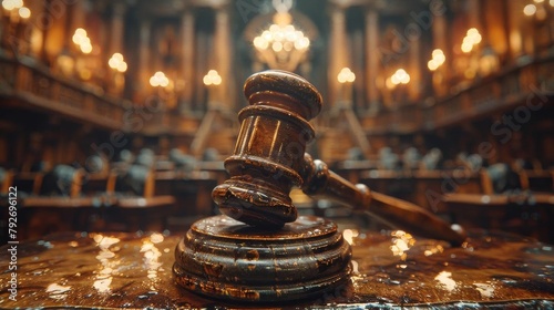 A judge's gavel resting on a wooden table in a courtroom.