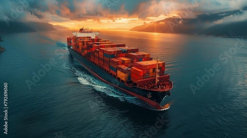 A large container ship sails through the ocean at sunset.