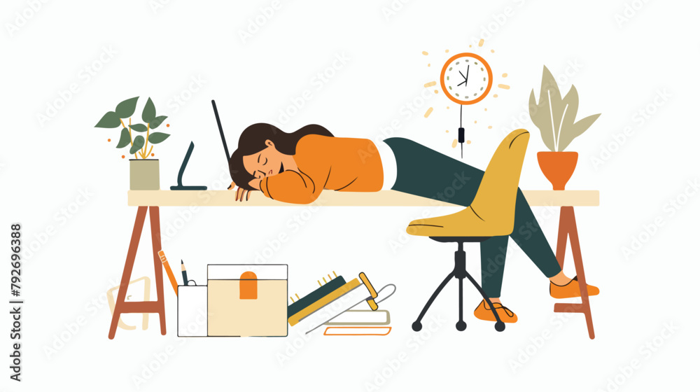 Woman sleeping at workplace isolated. Vector flat style