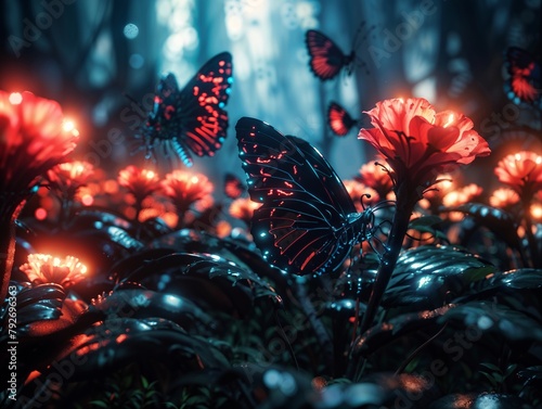 Beautiful red butterflies and flowers, glowing in the forest at night. Surreal Nature background