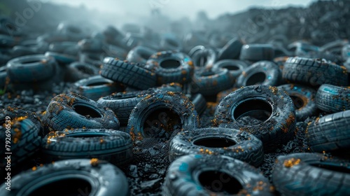 A pile of old, discarded tires, covered in a strange, glowing moss.