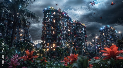Fantasy Skyscraper in Surreal Environment with Flowers and Greenery.