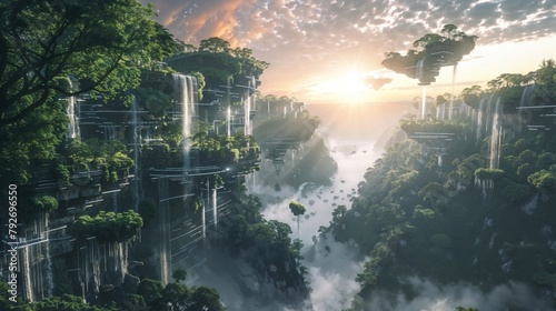 Beautiful fantasy landscape with floating Islands and waterfalls.