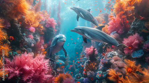 dolphins with colorful reef under sea